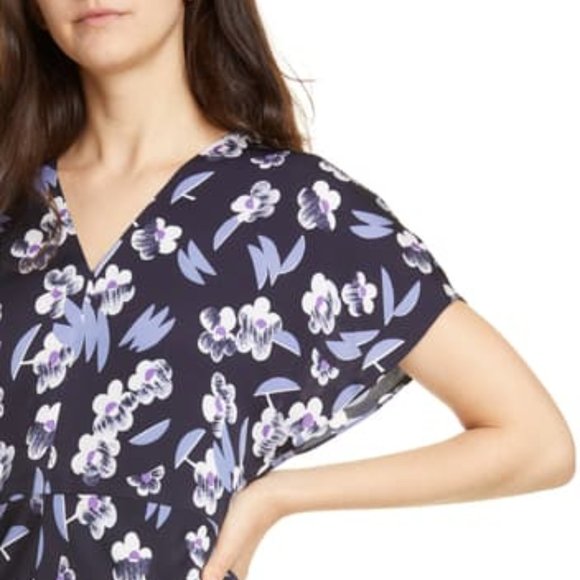 NWT Lewit Floral Print V-Neck Navy Night Cocktail Casual Flutter Sleeve Dress 14 - Picture 4 of 6